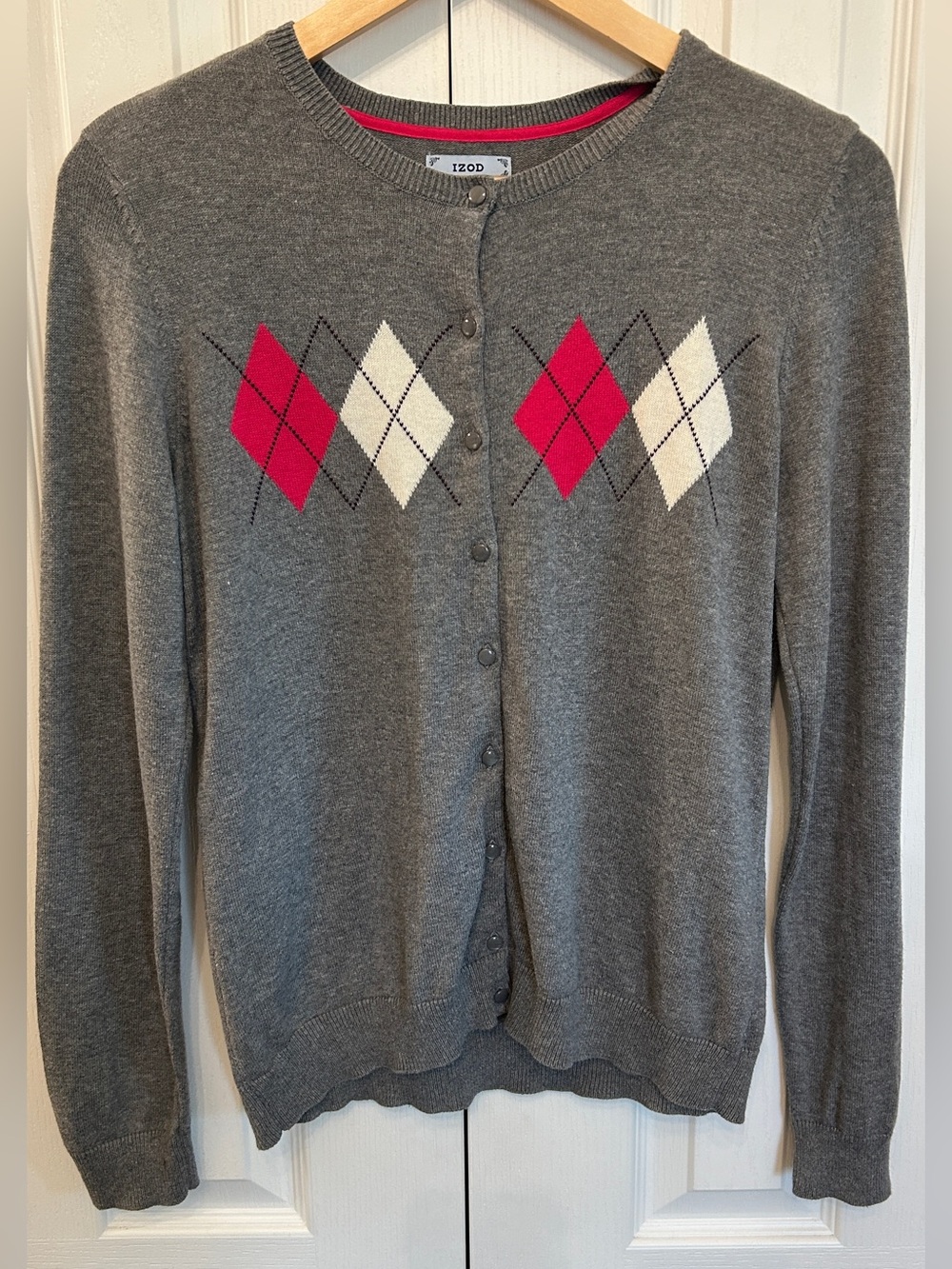 IZOD 100% Cotton Argyle Cardigan Gray Pink White Size M EUC